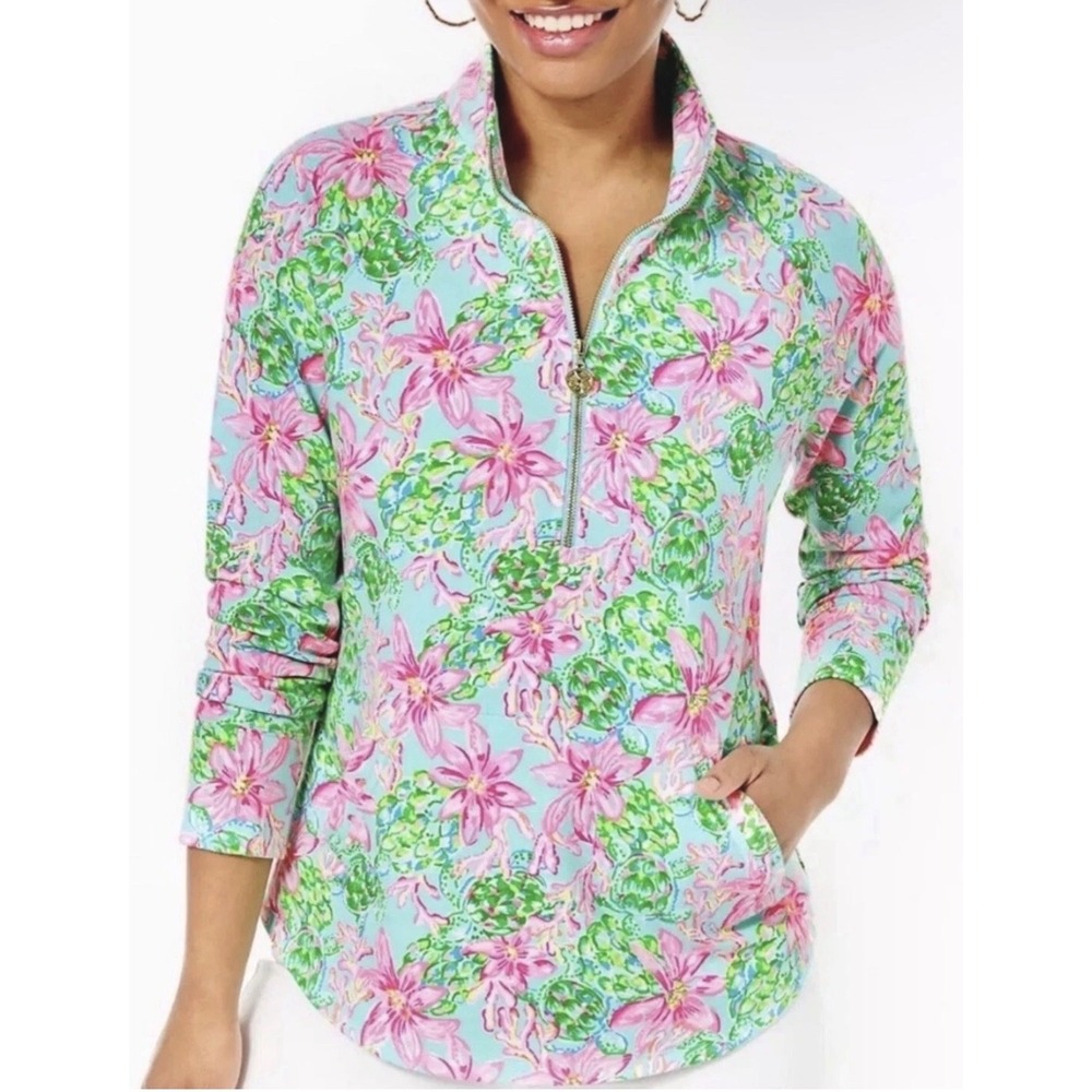 Lilly Pulitzer Top UPF 50+ Skipper Popover Surf Blue So Shellegant Green Pink XS
